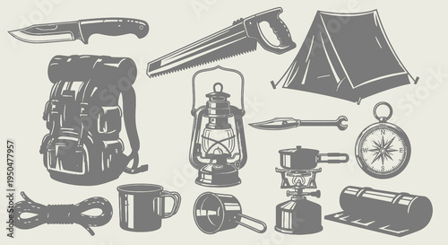 Outdoor Adventure Survival Gear and Camping Essentials Vector Set