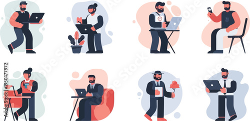 Diverse individuals engaged in modern work activities with technology