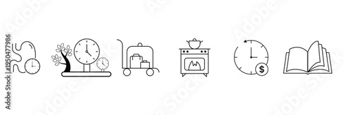 Daily lifestyle and travel objects featuring clock with stomach tree clocks luggage cart oven stove and open book icon vector