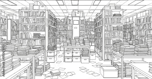 Cluttered office room with stacks of books and files on shelves
