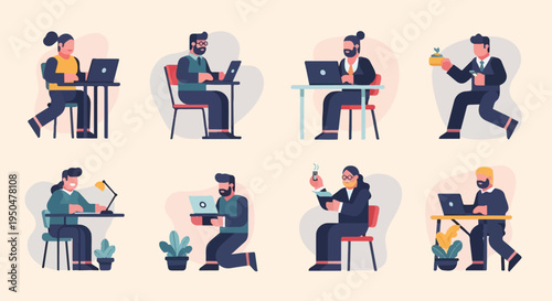 Diverse individuals engaged in various activities, primarily involving laptops and work-related tasks