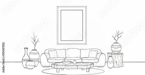 A minimalist line art drawing of a living room with a sofa and table