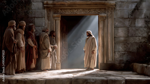 Jesus healed and restored sight to the blind as the healed man looks upon the carved cedar door and then toward Jesus in quiet awe while disciples remain respectfully beyond the threshold, 