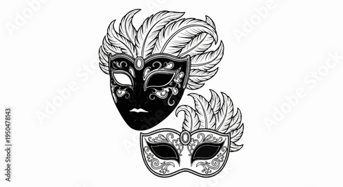 Two intricately decorated masks with feathers, one black, one white