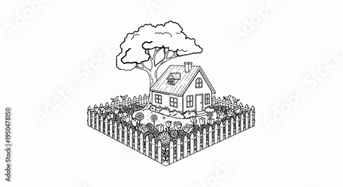 A quaint little house is nestled amongst flowers, shaded by a large tree