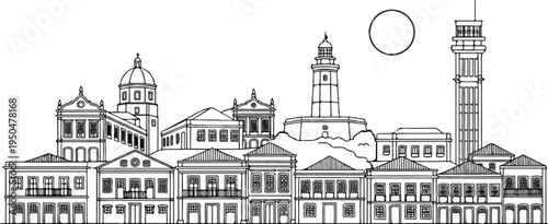 A monochromatic architectural sketch of a city skyline with a lighthouse and tower