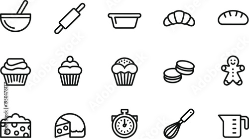 Baking Icons: Rolling Pin, Croissant, Bread, Muffin, Gingerbread, Cheese, Whisk