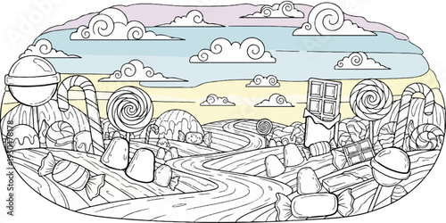 Whimsical candy land with lollipop trees, chocolate bars, and rivers of sweets