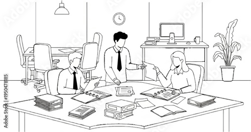 Business meeting with three professionals discussing documents around a table