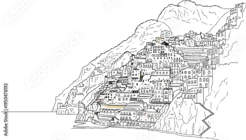 Coastal cliffside village with densely packed buildings cascading down to the sea
