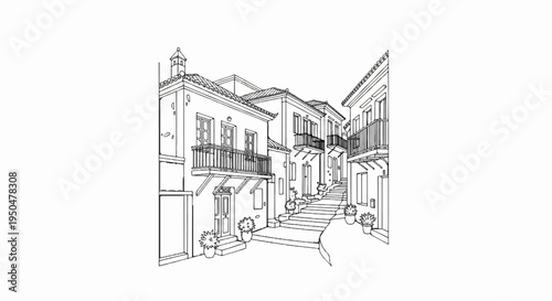 Charming narrow street with balconies and potted plants