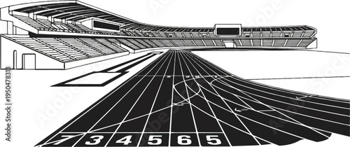 A stadium with a running track and spectator stands is depicted in black and white