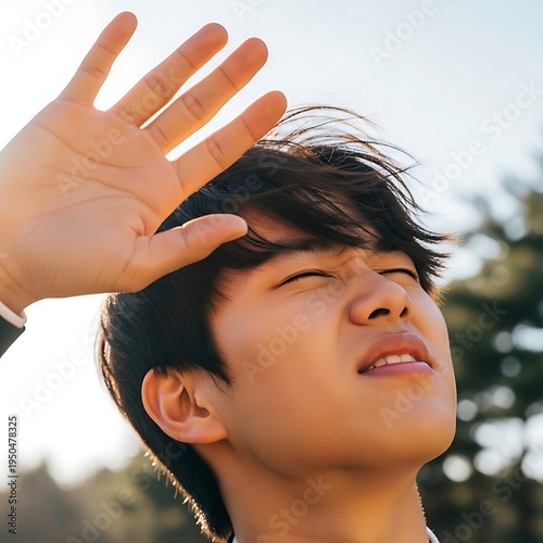 Young man shielding eyes from bright sunlight outdoors.