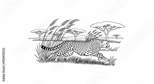 Cheetah running through tall grass in an African savanna with acacia trees