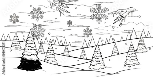 A winter forest scene with falling snowflakes and snow-covered trees