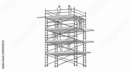 Workers on a multi-level scaffold structure, performing construction tasks