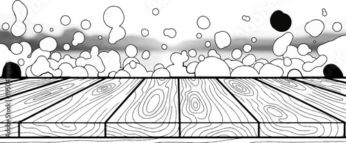 Abstract composition with bubbly shapes above a wooden deck