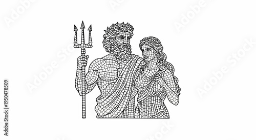 Ancient mosaic of a bearded man holding a trident and a woman