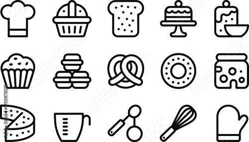 Baking Icons: Chef Hat, Bread, Cake, Muffin, Pretzel, Cheese, Jar, Whisk