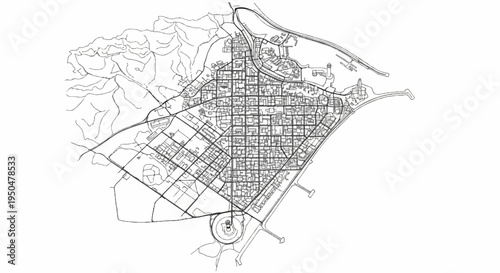 Detailed blueprint of a coastal city with a grid layout and surrounding hills