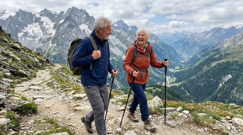 Senior man and older woman hiking on rocky mountain trail. Elderly backpackers trekking in Alps. Active retirement lifestyle, travel adventure, outdoor leisure and nature exploration.