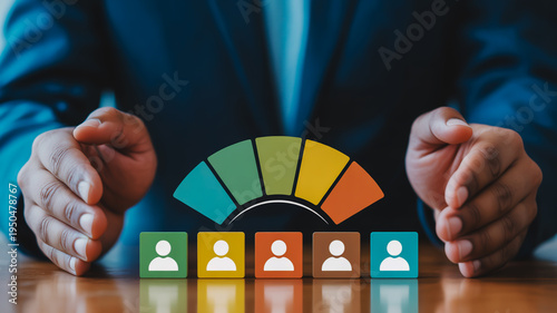 A man in a blue suit is shown with his hands hovering over a row of colored blocks