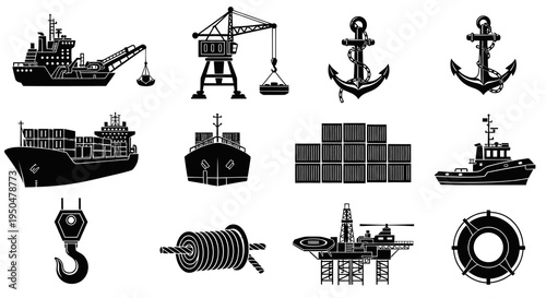 Maritime Shipping and Offshore Industrial Logistics Icons