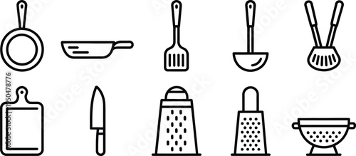 Kitchen Utensils Icons: Pan, Spatula, Ladle, Grater, Knife, Chopping Board