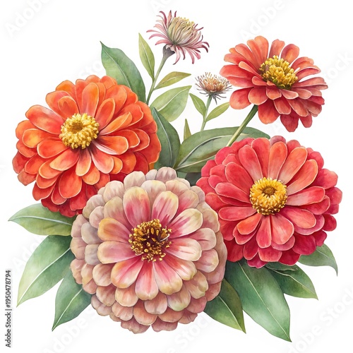 Wallpaper Mural Watercolor Painting of a Bouquet of Zinnias with Orange and Pink Blooms Torontodigital.ca