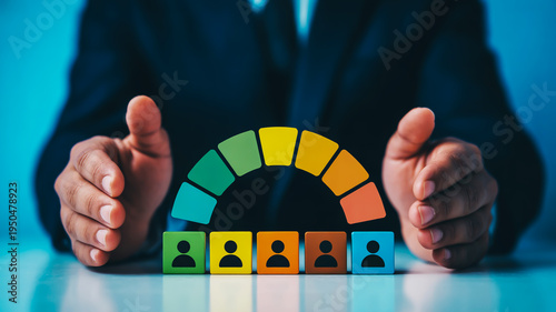 A person in a suit is holding a colorful rating system with people icons