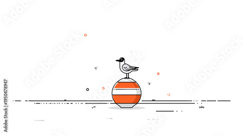 Minimalist line art illustration of a seagull bird perched on a striped orange and white marine buoy, isolated on white.