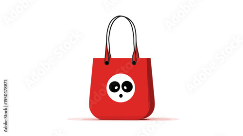 Vibrant red tote bag with a stylized panda face icon. Reusable shopping handbag isolated on white background, vector graphic illustration.