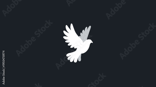 Minimalist white dove in flight, a symbol of peace, freedom, hope, and spirituality against a dark background. Graphic illustration.