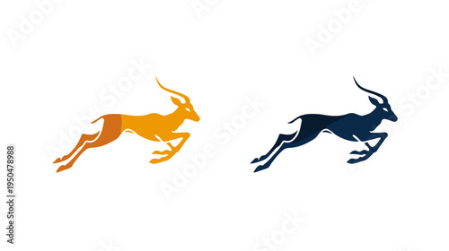 Stylized running gazelle silhouette graphic. Agile African antelope vector illustration in orange and dark blue for speed concepts.