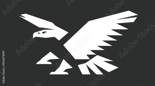 Abstract geometric white eagle in flight, modern stylized bird of prey symbol on dark background, powerful graphic design element, freedom concept.