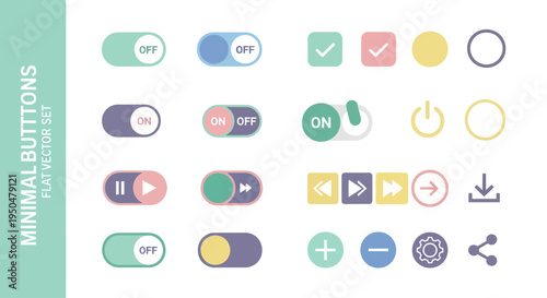 Contemporary collection of flat design toggle buttons, media controls, and interactive user interface elements