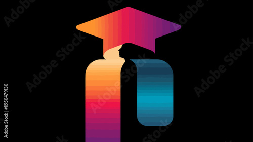 Vibrant gradient abstract illustration of a graduation cap and stylized student, symbolizing education and achievement.