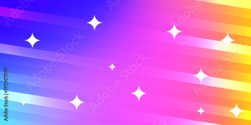 Abstract background with vibrant diagonal stripes and a smooth rainbow gradient featuring sparkling white stars in purple pink orange and cyan colors for creative festive designs