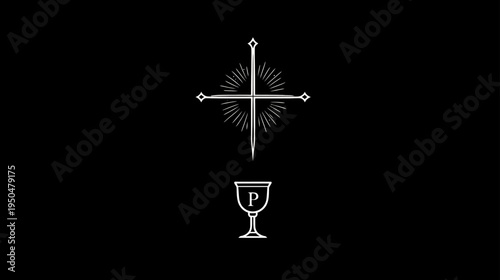 Stylized Christian cross with radiating light above a chalice symbol with P, isolated on a black background. Sacred religious minimalist illustration.