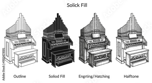 Illustration showcasing different shading techniques for an organ outline, solid fill, engraving/hatching, and halftone