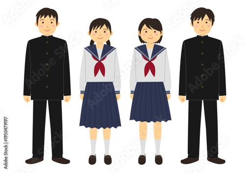 学ランとセーラー服の制服を着た男女の学生のイラストのセット_4人
