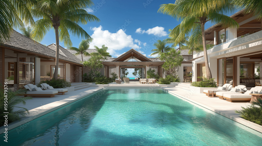 Fototapeta premium A luxurious villa courtyard with swimming pool representing upscale residential lifestyle and premium real estate.