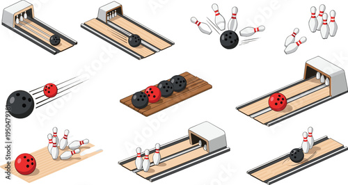 Isometric Bowling Alley and Bowling Ball Icon Set with Pins, Lanes, and Strike Action Scenes for Sports Games, Recreation Centers, and Entertainment Design