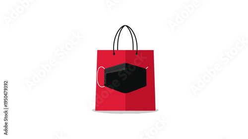 Red shopping bag with black face mask, symbolizing safe retail, essential purchases, and new normal consumerism.