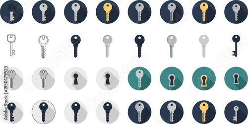 Key and Keyhole Icon Set with Security Access Symbols, Lock and Password Protection Elements for Privacy Systems, Authentication Apps, and Cyber Safety Design