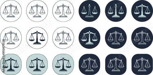 Justice Scales Icon Set with Balance Law Symbols for Legal System, Court Authority, Attorney Services, and Judicial Equality Concepts in Minimal Style