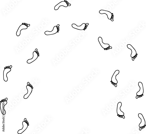Barefoot silhouette track, human foot print trail curved path isolated on white. Walking person steps, barefoot silhouette set, organic body part shape. Foot print collection