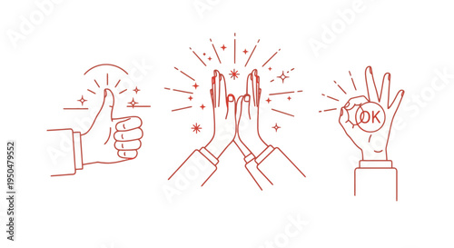 Collection of Positive Hand Gestures Thumbs Up, High Five, and OK Sign in Modern Line Art Style, Expressing Success, Approval, and Agreement