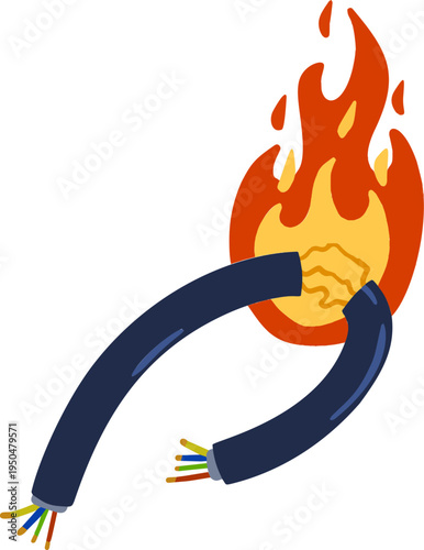 Wire fire, burning electric cable, short circuit damage hazard. Electrical cord flame danger, spark energy power accident. Wire fire industrial safety risk, ignite heat equipment symbol.