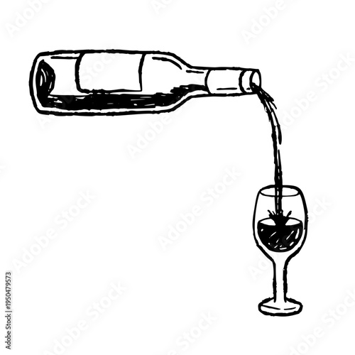 Wine bottle pouring doodle, hand drawn wine glass sketch with flowing drink. Wine bottle vintage ink drawing, winery drink pour bar alcohol line art.